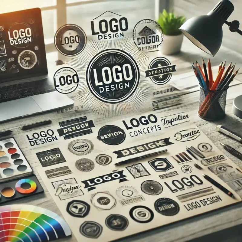 DALL·E 2024-07-21 06.56.29 - A professional image representing logo design. The image features various logo concepts displayed on a desk with design tools, color palettes, and typ