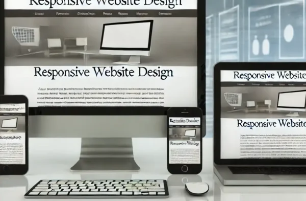 DALL·E 2024-07-21 07.02.12 - A professional image representing responsive website design. The image features a computer, tablet, and smartphone displaying the same website, highli