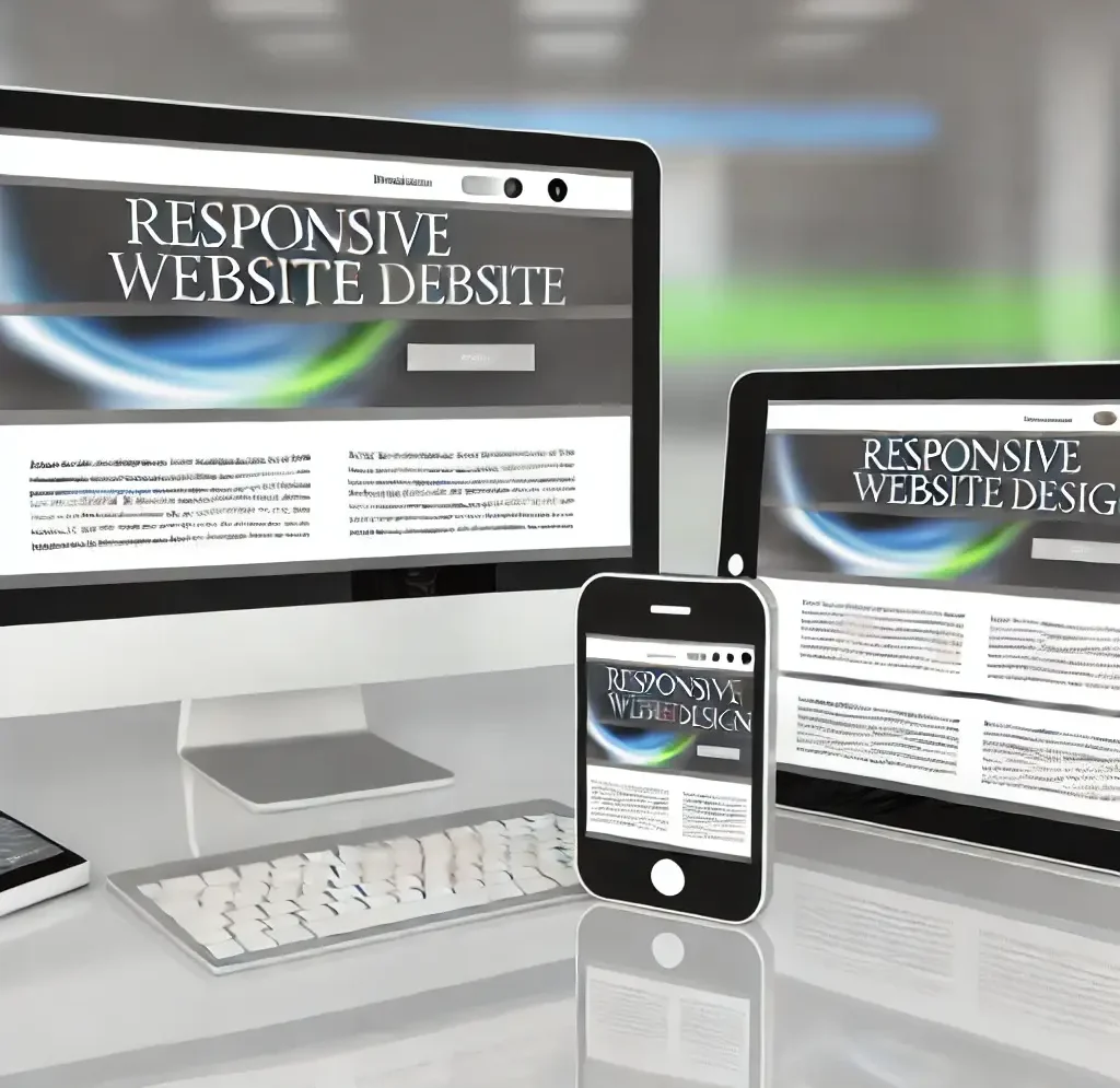 DALL·E 2024-07-21 07.02.13 - A professional image representing responsive website design. The image features a computer, tablet, and smartphone displaying the same website, highli