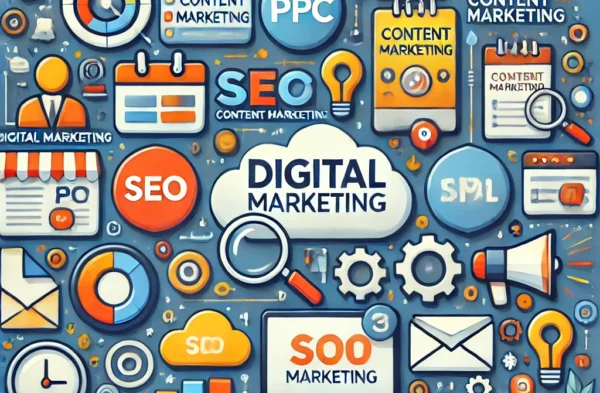 DALL·E 2024-07-22 23.47.46 - An image representing digital marketing with icons for SEO, PPC, content marketing, social media marketing, and email campaigns. The design should be