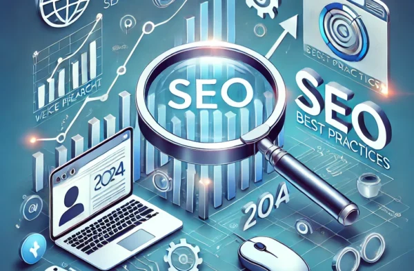 DALL·E 2024-07-22 23.56.16 - A professional and modern image representing SEO best practices in 2024. The image should include elements like a magnifying glass over a web browser,