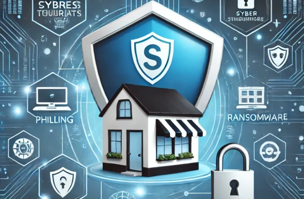 DALL·E 2024-07-23 00.16.10 - A professional and modern image representing cybersecurity for small businesses. Include elements like a shield, a small business building, a padlock,