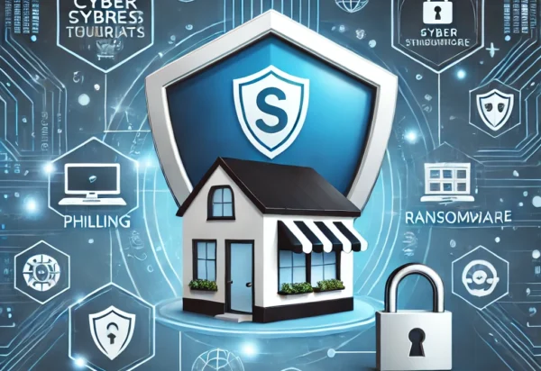 DALL·E 2024-07-23 00.16.10 - A professional and modern image representing cybersecurity for small businesses. Include elements like a shield, a small business building, a padlock,