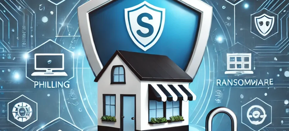 DALL·E 2024-07-23 00.16.10 - A professional and modern image representing cybersecurity for small businesses. Include elements like a shield, a small business building, a padlock,